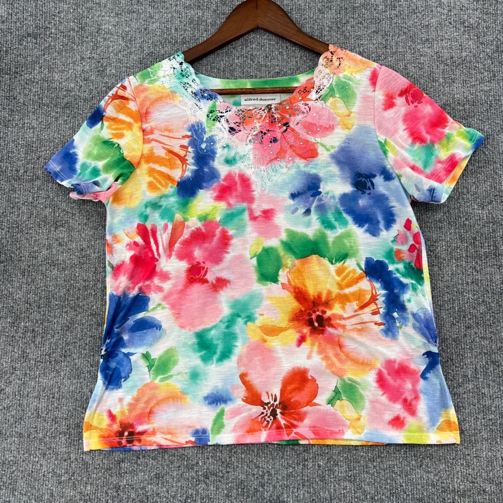 Alfred Dunner Floral Top Petite Small Multi Color Lace Rhinestone Garden Party